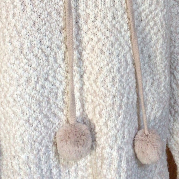YET AGAIN Hooded Popcorn Knit white/tan Sweater Cropped w/Pompom Ties, XL - Picture 4 of 6